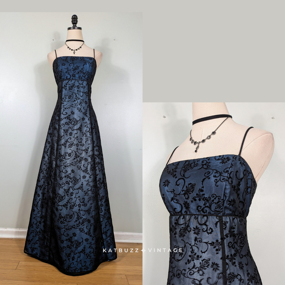 Vintage Nites Prom Dress Maxi Gown M Blue Ombre 90S Y2K Goth Black Princess